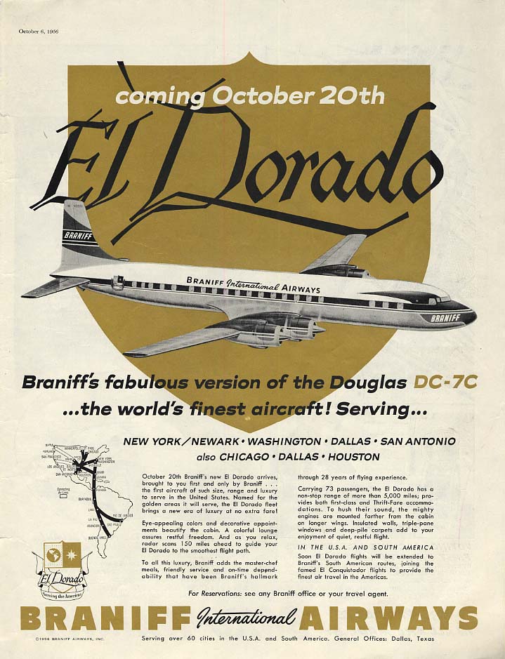 El Dorado Braniff Douglas DC-7C coming October 20th ad 1956 SEP