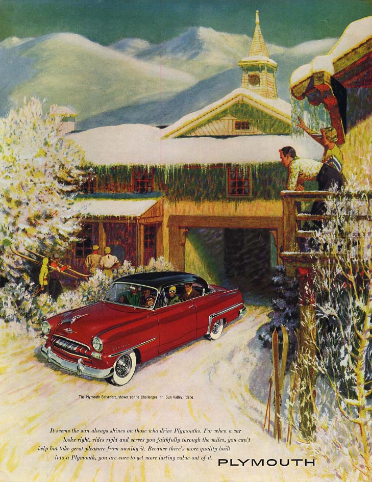 Plymouth Belvedere Hardtop at Challenger Inn Sun Valley Idaho ad 1953 H