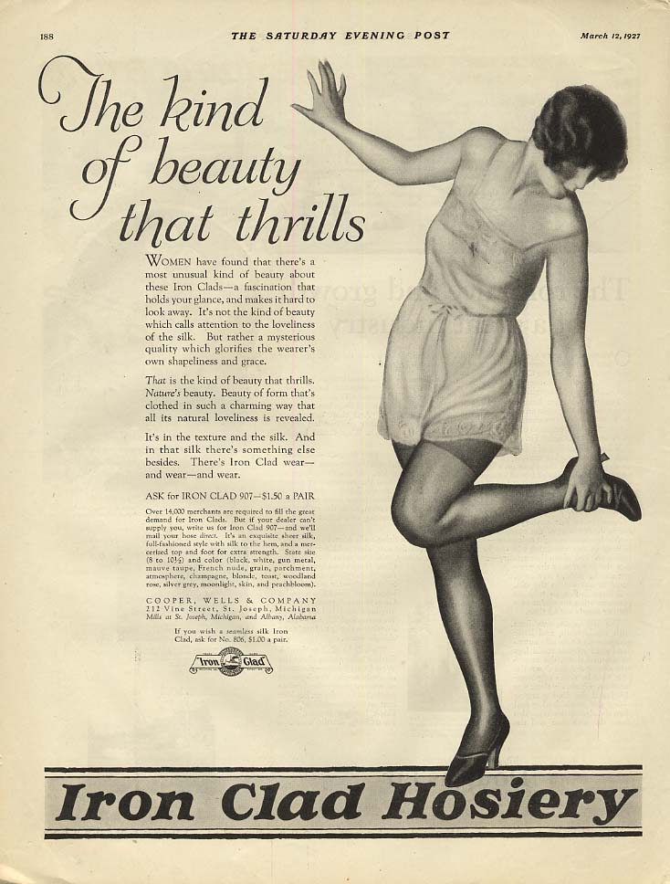 The kind of beauty that thrills - Iron Clad Hosiery ad 1927 SEP