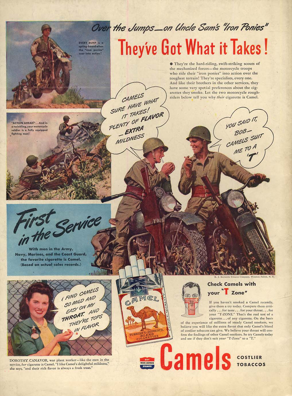 They've got what it takes! US Army Motorcycle Soldiers - Camel ad 1944 L