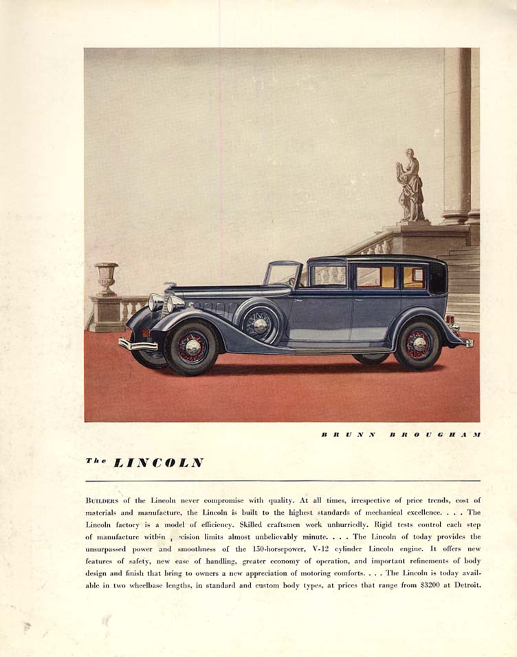 Never compromise with quality: Lincoln Brunn Brougham Town Car ad 1934 F