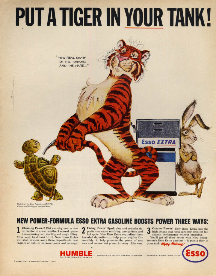 Put a Tiger in YOUR Tank! Esso Extra Gasoline ad 1964 tortoise & hare LK