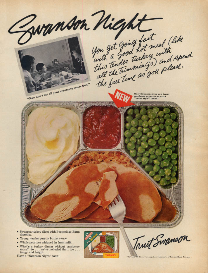 Swanson Night: turkey potato & peas Swanson TV Dinner ad 1965 L