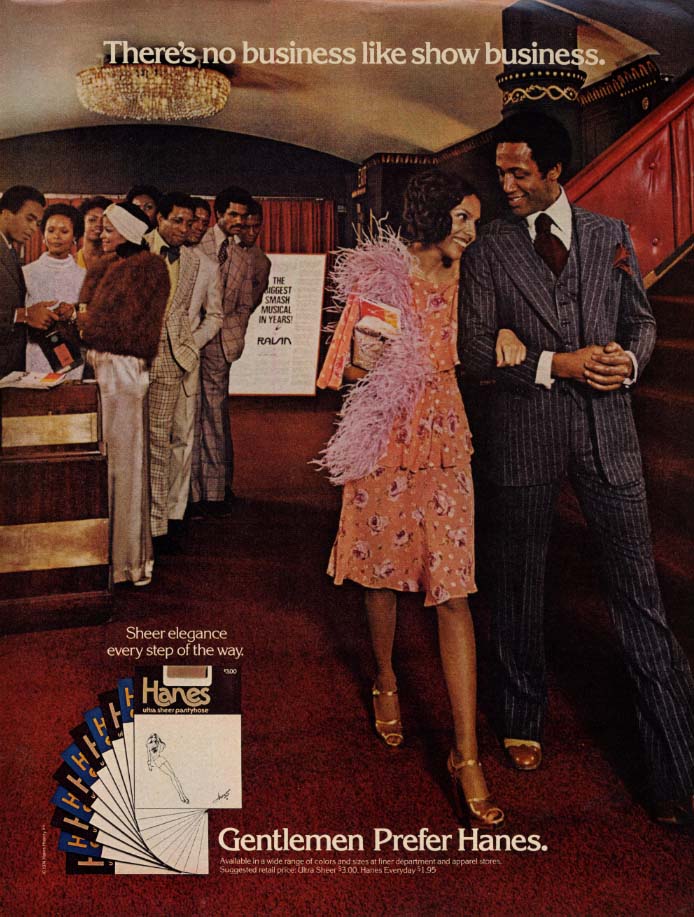 Gentlemen prefer Hanes Pantyhose ad 1974 black couple theatre lobby EB