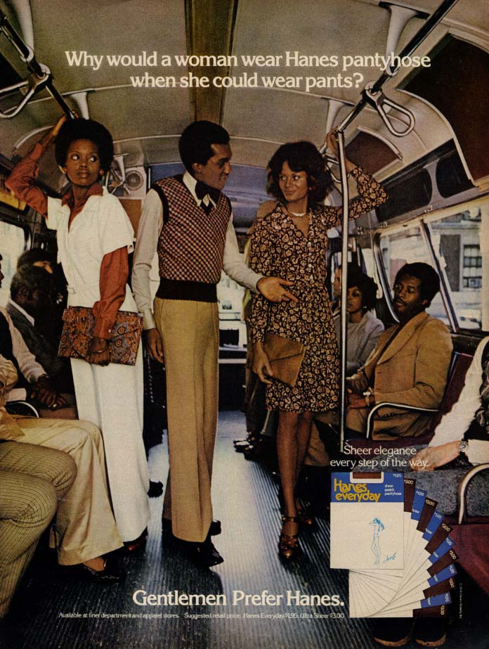 Gentlemen prefer Hames Pantyhose ad 1974-5 black couple on a bus EB