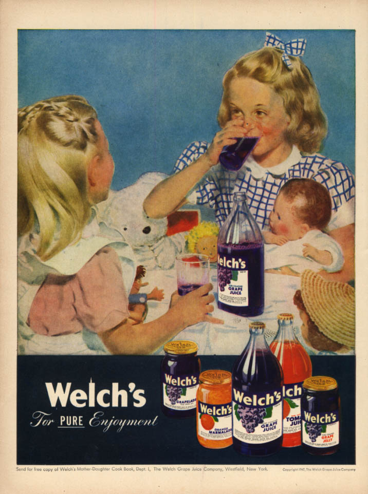 Welch's Grape Juice ad 1947 little blonde girls & their dolls L