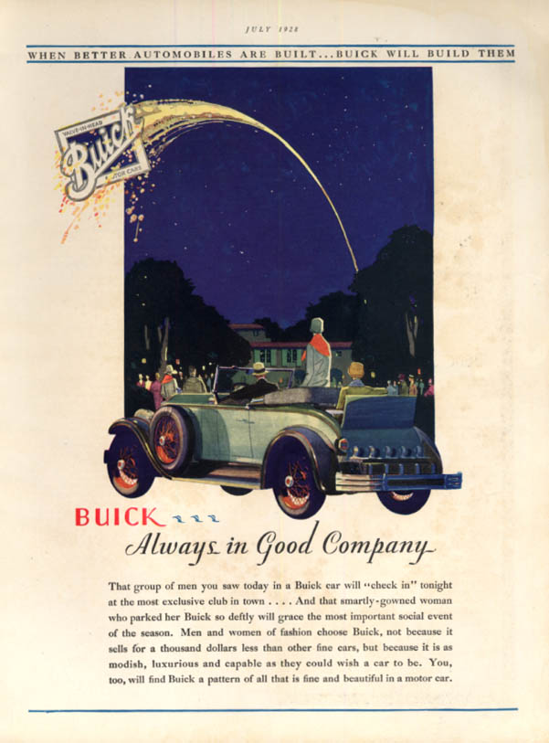 Always in good company Buick Rumble-Seat Roadster ad 1928 fireworks HB