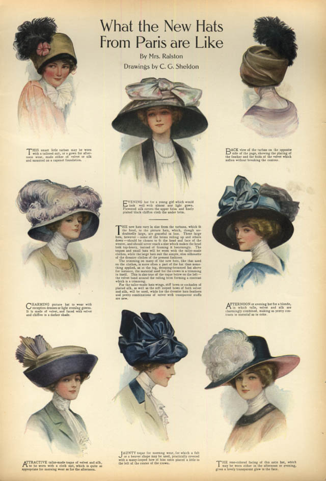 Ladies Home Journal fashion page: New Hats from Paris by C G Sheldon 1910