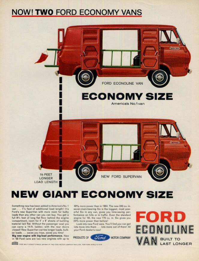 Now TWO Ford Econoline economy vans Giant Economy Size ad 1965