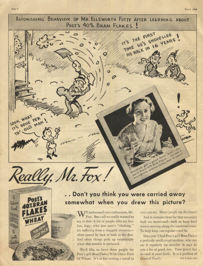 Astonishing Behavior by Fontaine Fox Post's 40% Bran Flakes ad 1934