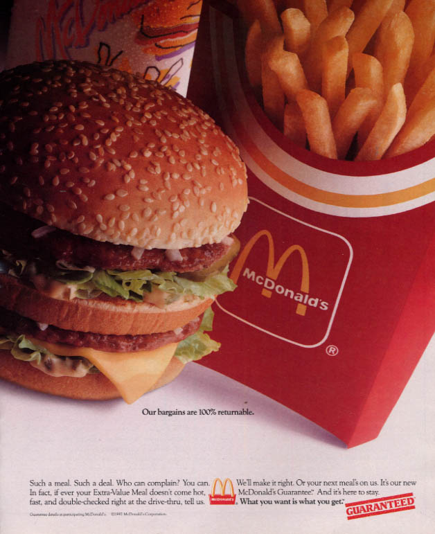 Our bargains are 100% returnable McDonald's Big Mac & Fries ad 1992 L