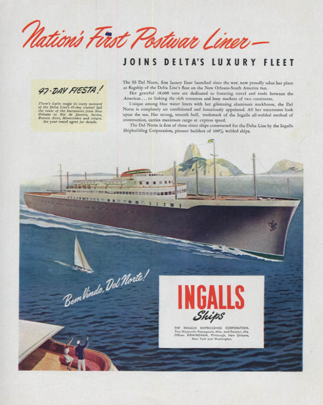 Delta Line S S Del Norte postwar ocean liner by Ingalls Ships ad 1946 F