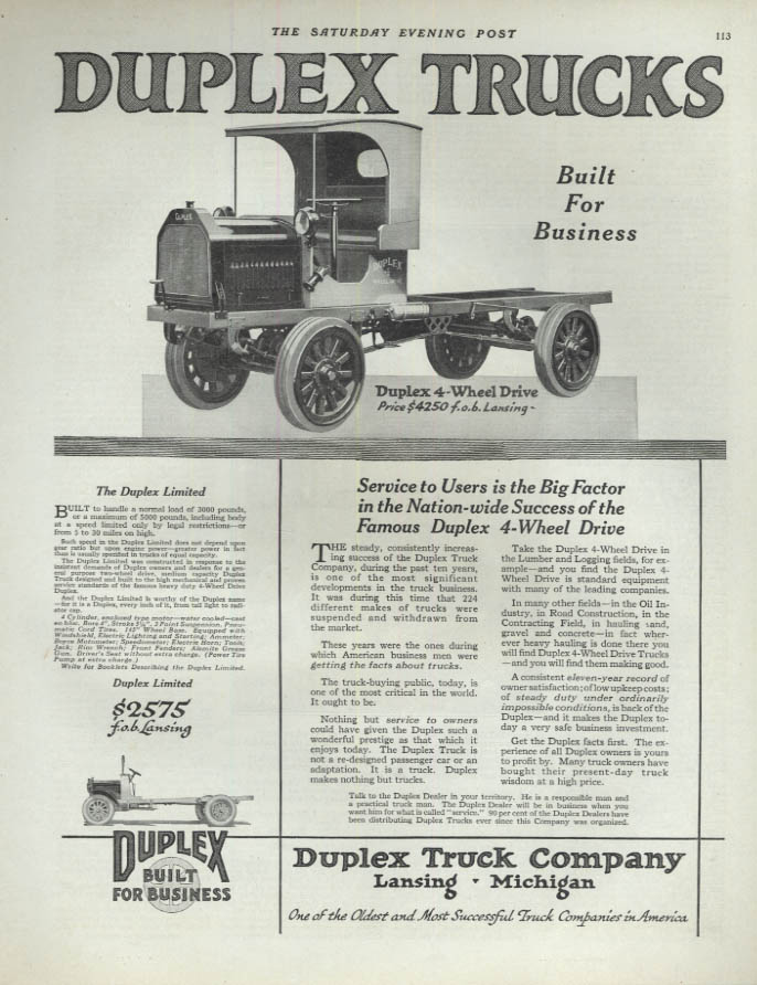 Service to Users is the Big Factor - Duplex Trucks 4WD ad 1920 SEP