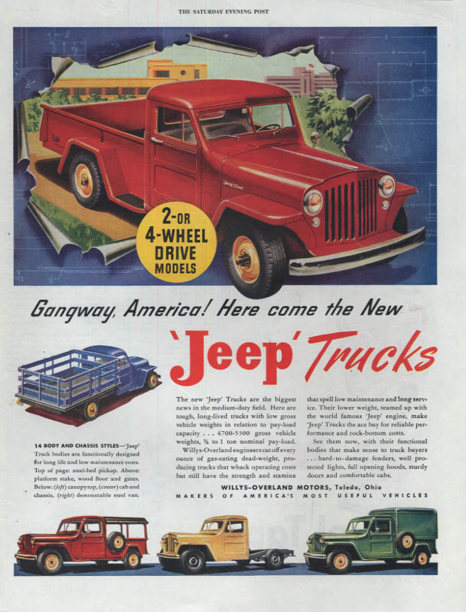 Gangway America! Here come the new Jeep Trucks ad 1947 SEP