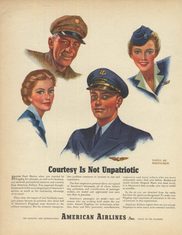 Courtesy is Not Unpatriotic American Airlines ad 1944 crew stewardess ...