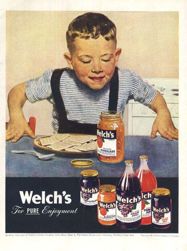 Little boy smells Welch's Orange Marmalade ad 1947 L