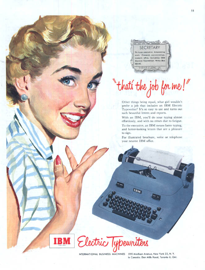 That's the job for me! IBM Electric Typewriter ad 1953 smiling blonde Col