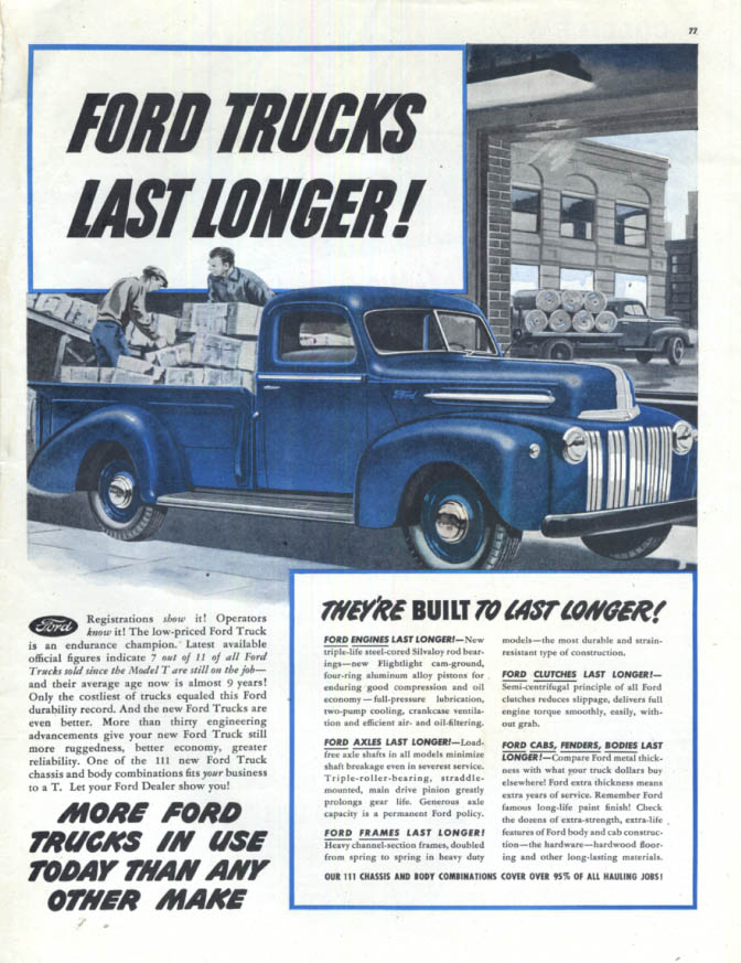 Ford Trucks Built to Last Longer! Ford Pickup Truck ad 1946 Col