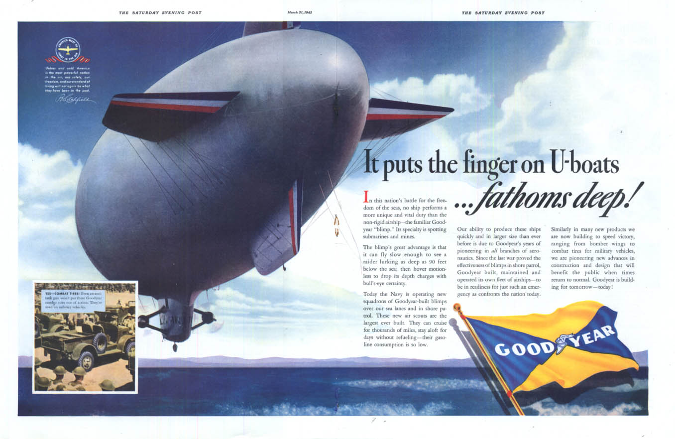 Puts the finger on U-boats fathoms deep! US Navy Goodyear Blimp ad 1942 SEP