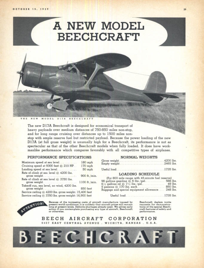 The New Model D17A Beechcraft for economical transport ad 1939 SPP