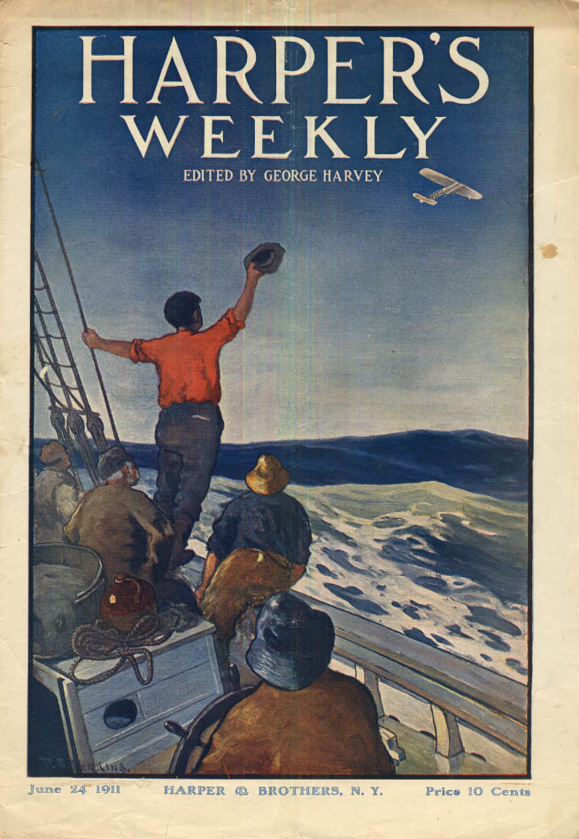 HARPER'S WEEKLY COVER 6/24 1911 Sailors wave to aeroplane at sea by Perkins