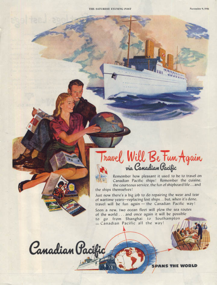 Travel will be fun again Canadian Pacific Empress ocean liner ad 1946 SEP