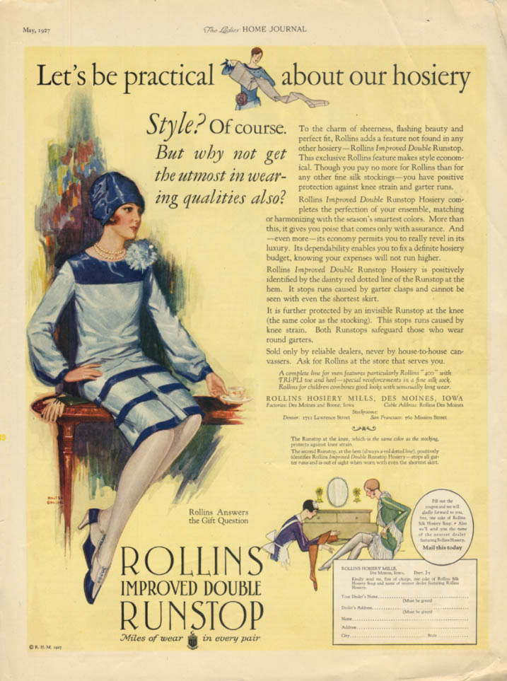 Be practical about our hosiery: Rollins Runstop ad 1927 Walter Ohlson art