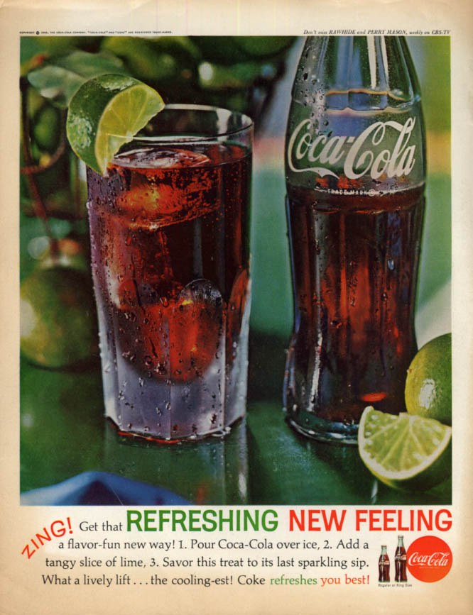 ZING! Get that Refreshing New Feeling Coca-Cola ad 1962 lime garnsh