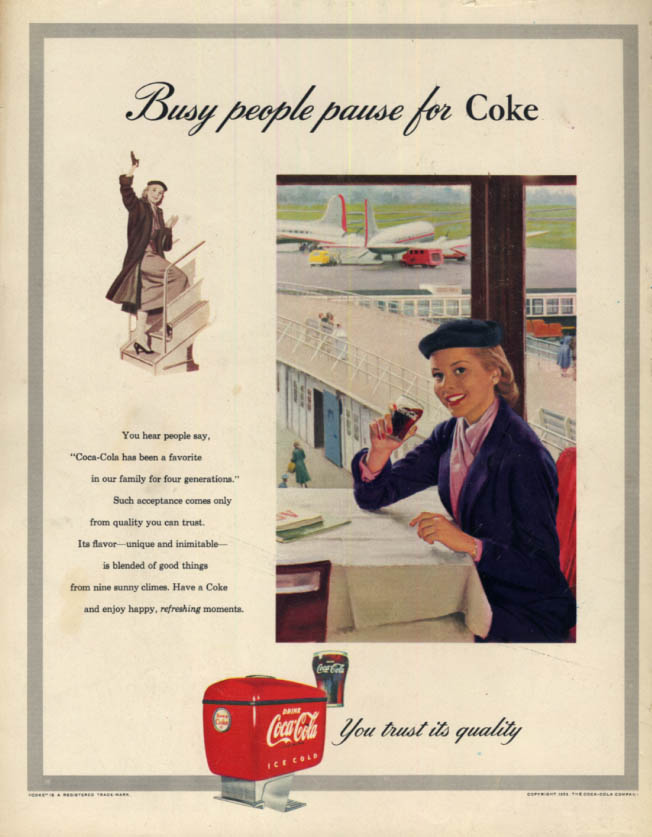 Busy people pause for Coca-Cola ad 1953 Woman sips Coke at the airport