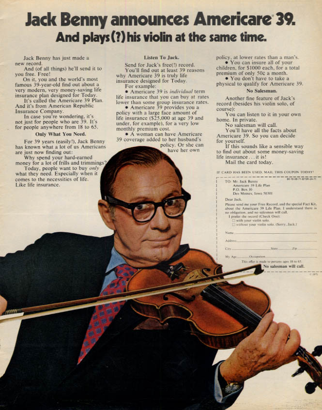 Jack Benny announces Americare 39 Life Insurance Plan ad 1971 L