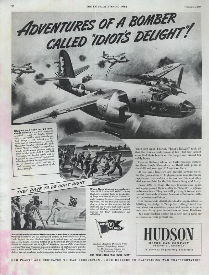 Adventures of B-25 Bomber Called Idiot's Delight - Hudson ad 1944 SEP