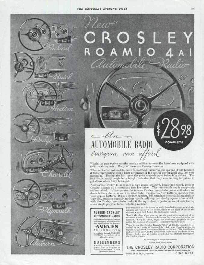 New Crosley Roamio 4A Car Radio ad 1934 Packard Auburn Buick Hudson Dodge