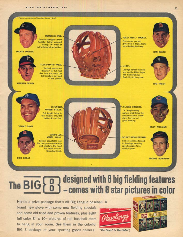 Big 8 Rawlings Baseball Glove ad 1964 Mantle Spahn Tresh Brooks Tresh ...