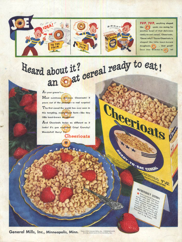 Heard about it? An Oat Cereal ready to eat! Cheerioats Cheerios ad 1945 SEP
