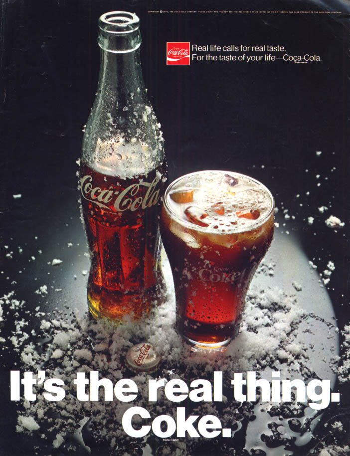 Real life calls for real taste Coca-Cola ad 1971 snow on bottle & glass L