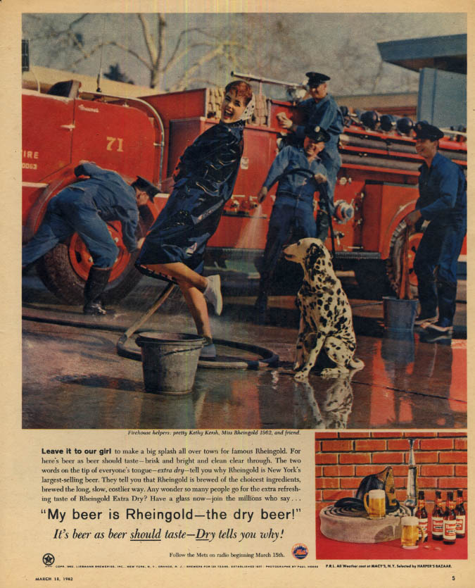 Miss Rheingold Beer Kathy Kersh ad 1962 dalmatian raincoat firemen wash ...