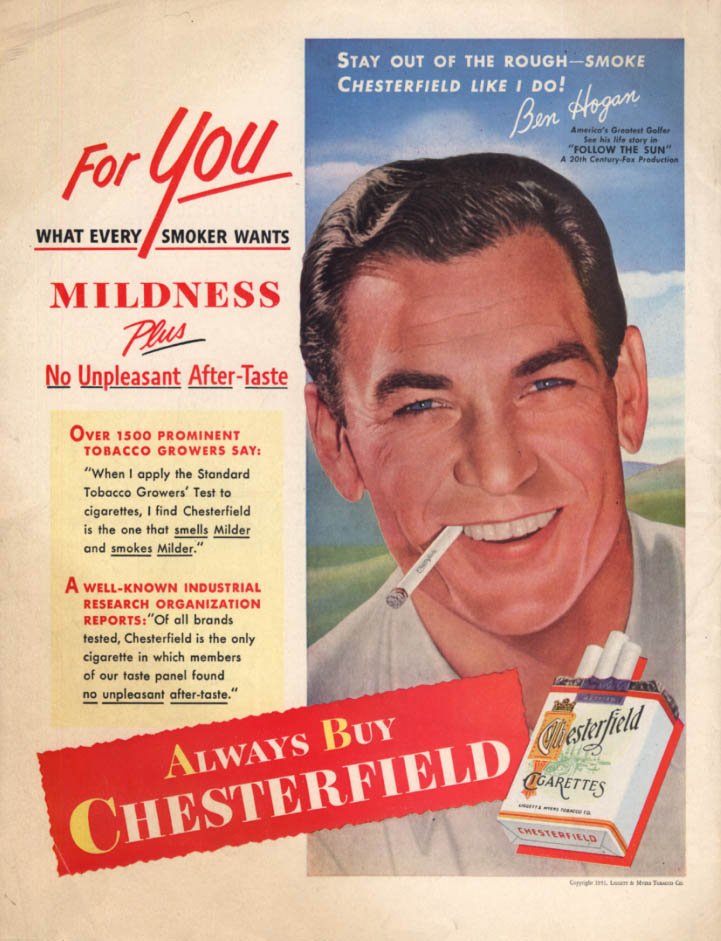 Ben Hogan for Chesterfield Cigarettes ad 1951 Col