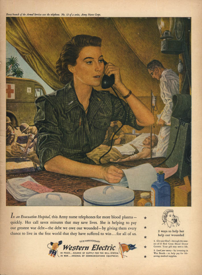 Army nurse in US Army EVAC Hospital: Western Electric ad 1944 Army ...