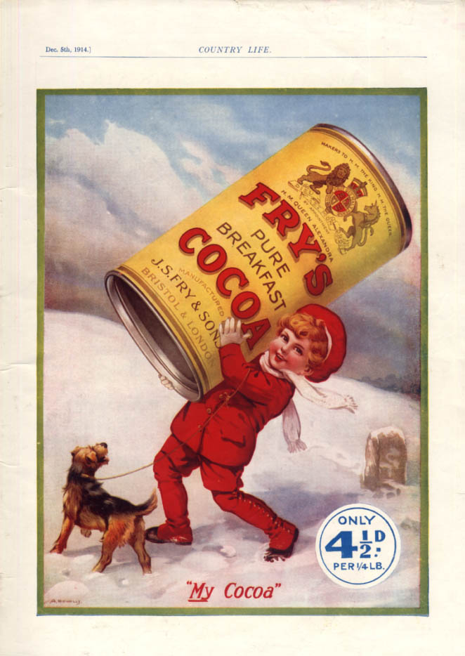 MY Cocoa! Fry's Pure Breakfast Cocoa ad 1914 kid & dog in snow