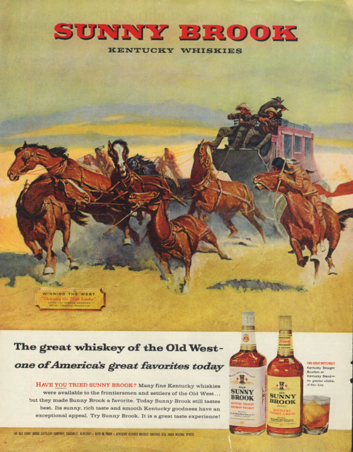 Frederic Remington: Stagecoach vs Indians: Sunny Brook Whiskey ad 1960