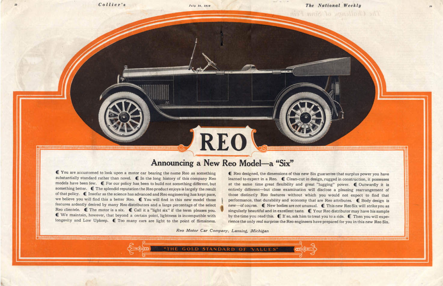 Announcing a new Reo Model - a Six Touring Car ad 1919