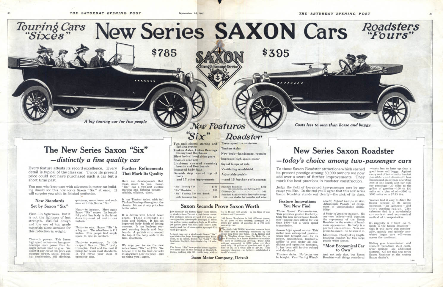 New Series Saxon Cars: Six Touring Car & Roadster Four ad 1916 SEP