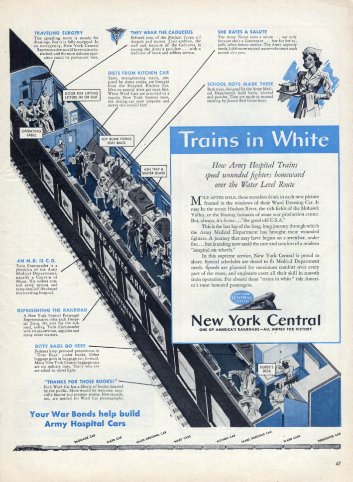 Trains in White: Army Hospital Trains on New York Central Railroad ad ...