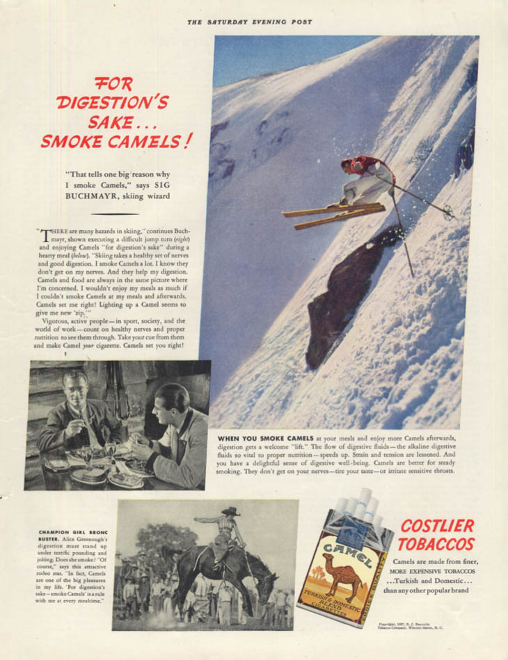 Ski Champion Sig Buchmayr for Camel Cigarettes ad 1937 Alice Greenough