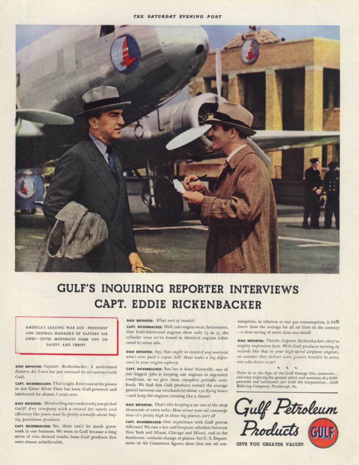 Gulf interviews Capt Eddie Rickenbacker Eastern Air Lines DC-3 ad 1938 SEP