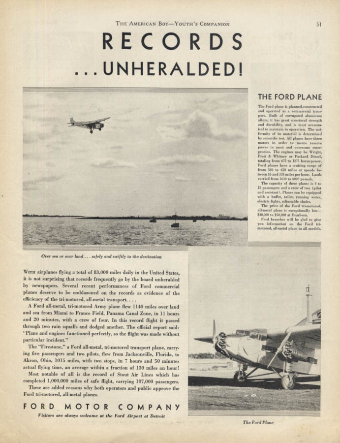 Records Unheralded! The Ford Tri-Motor airplane ad 1930 Ab