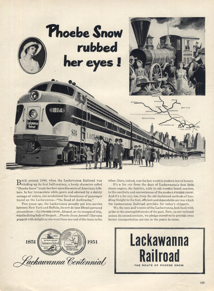 Phoebe Snow runned her eyes! Lackawanna Railroad Streamliner ad 1951 L