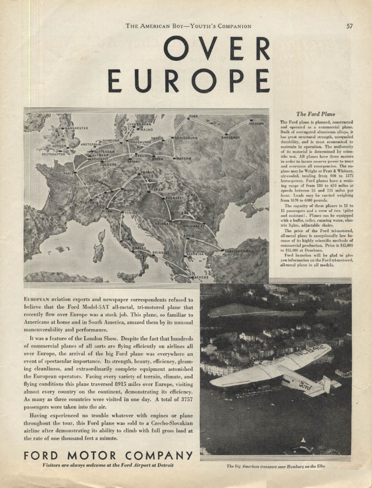 Over Europe: Ford Model-5AT Tri-Motor airplane ad 1930 AB