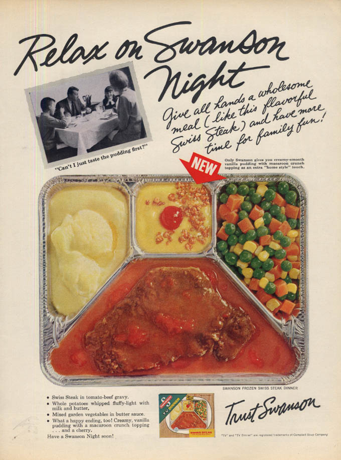 Relax on Swanson TV Dinner Night ad 1965 Swiss Steak Dinner L