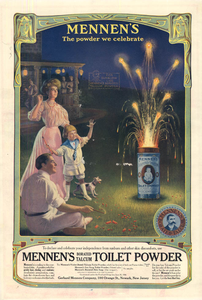 The powder we celebrate Mennen's Toilet Powder ad 1908 LHJ fireworks